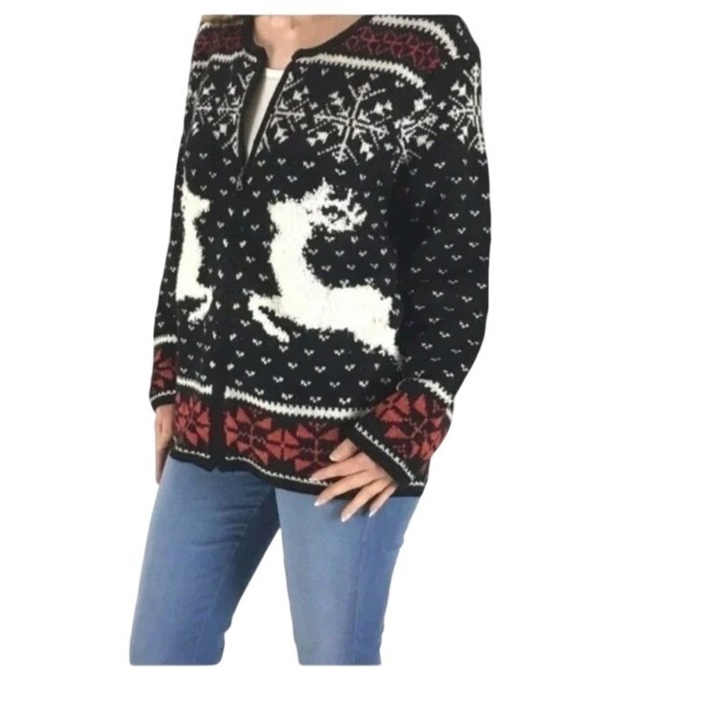 J Jill Vintage Reindeer Snowflake Zip Up winter Sweater Cardigan SLayering